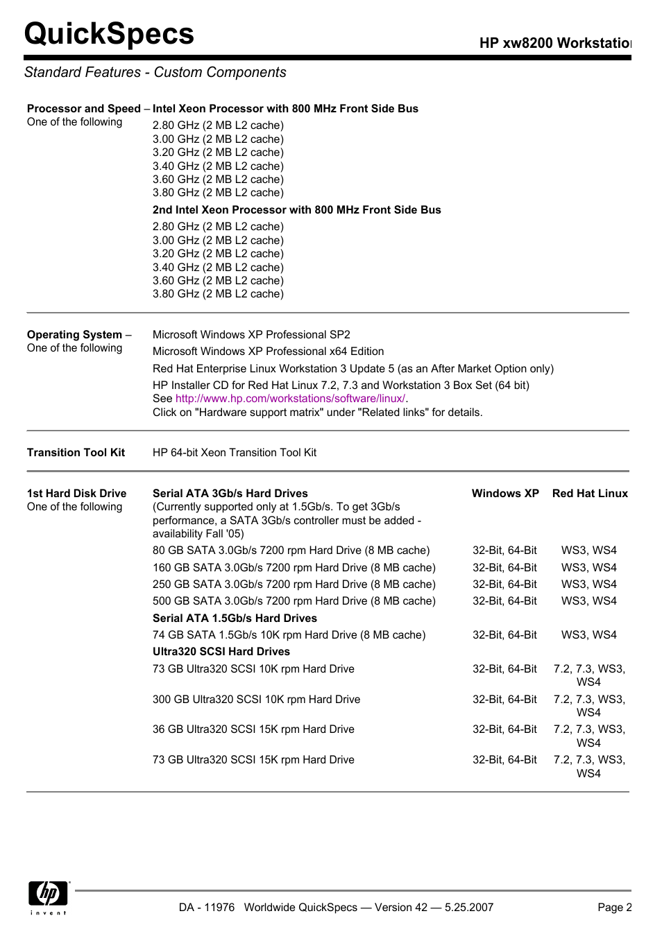 Standard features - custom components, Quickspecs | HP xw8200 User Manual | Page 2 / 76