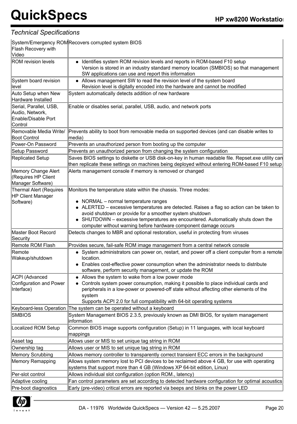 Quickspecs, Hp xw8200 workstation technical specifications | HP xw8200 User Manual | Page 20 / 76