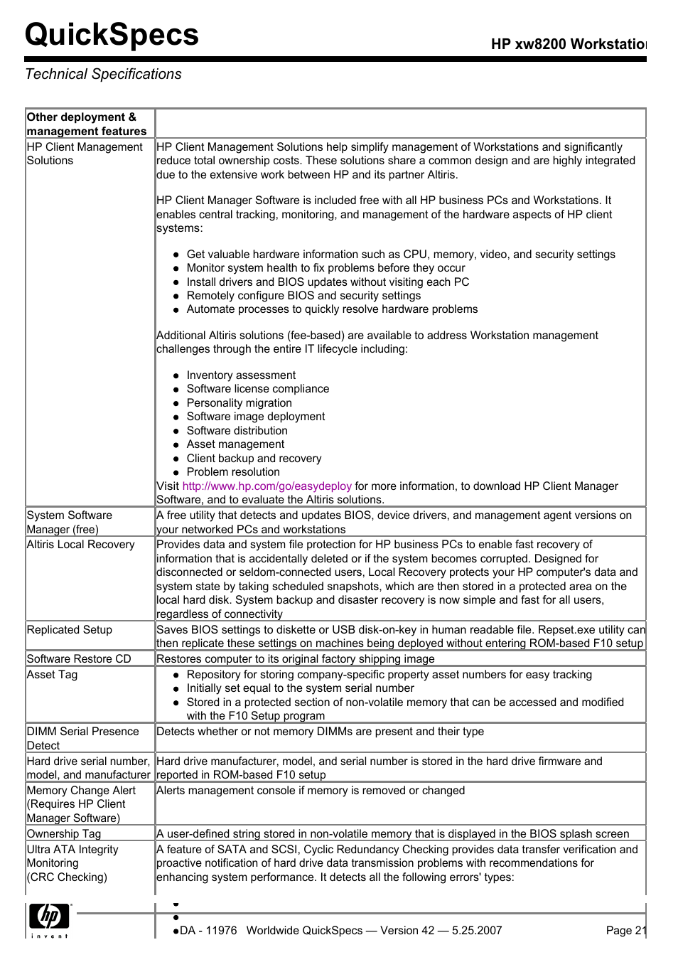 Quickspecs, Hp xw8200 workstation technical specifications | HP xw8200 User Manual | Page 21 / 76