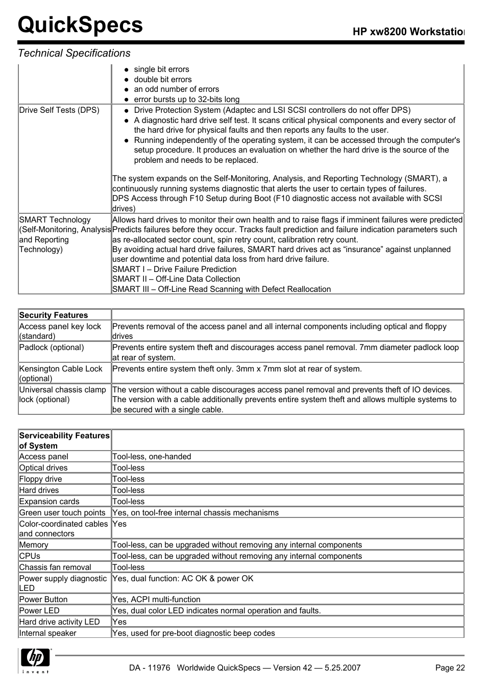Quickspecs, Hp xw8200 workstation technical specifications | HP xw8200 User Manual | Page 22 / 76