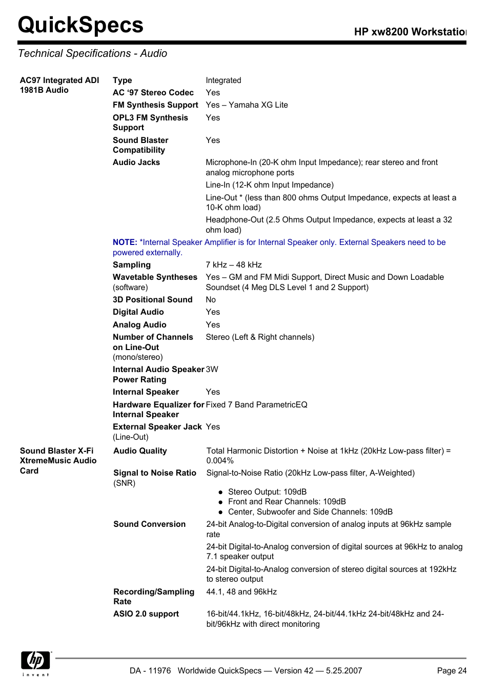 Technical specifications - audio, Quickspecs | HP xw8200 User Manual | Page 24 / 76