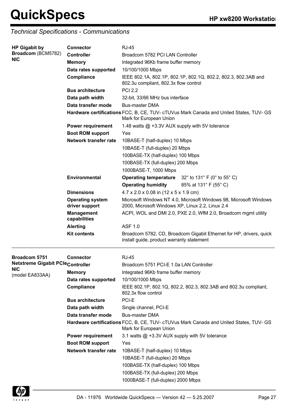 Technical specifications - communications, Quickspecs | HP xw8200 User Manual | Page 27 / 76