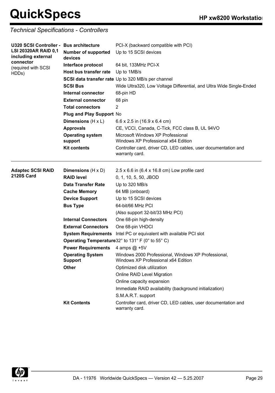 Technical specifications - controllers, Quickspecs | HP xw8200 User Manual | Page 29 / 76