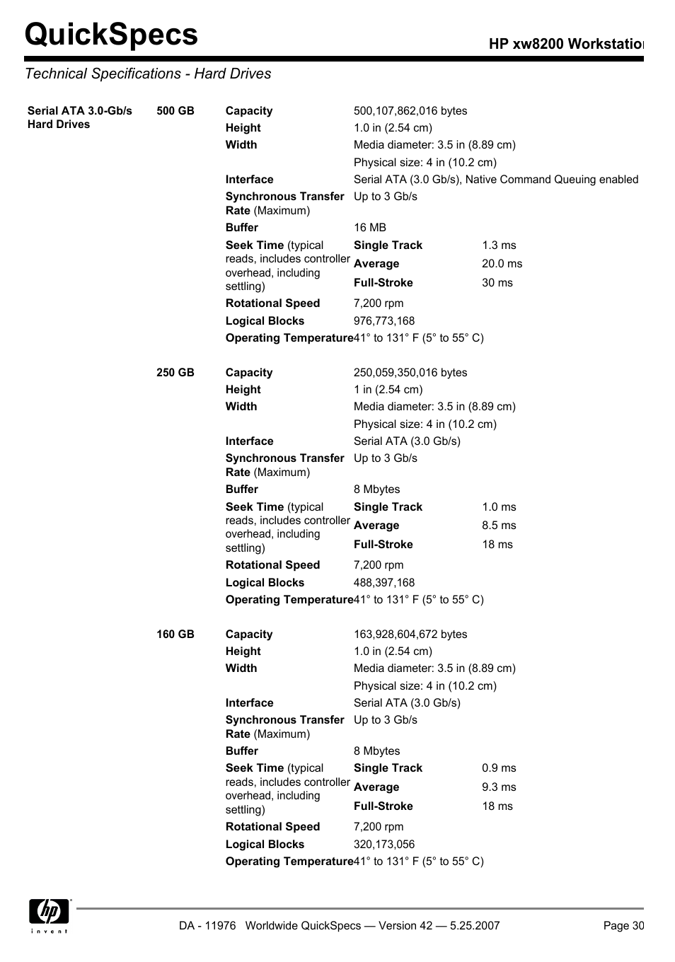 Technical specifications - hard drives, Quickspecs | HP xw8200 User Manual | Page 30 / 76