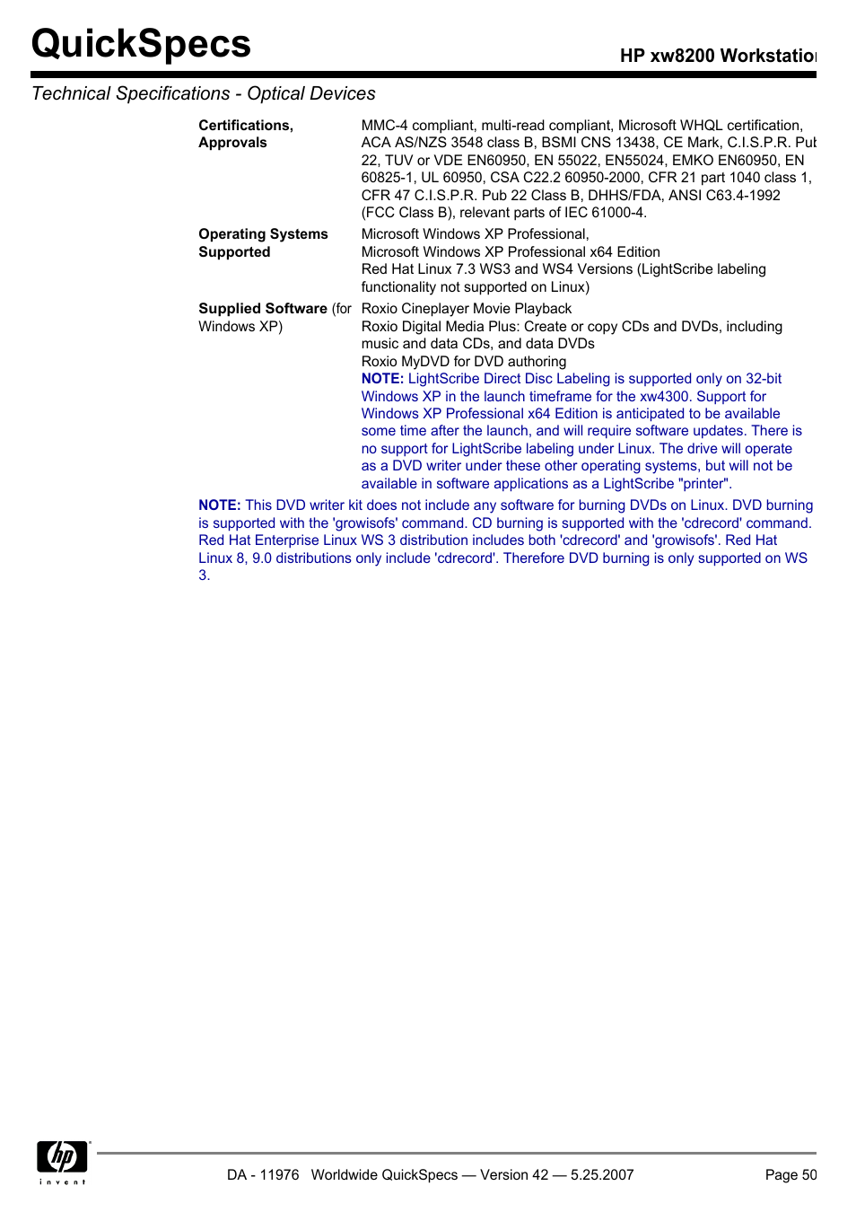 Quickspecs | HP xw8200 User Manual | Page 50 / 76
