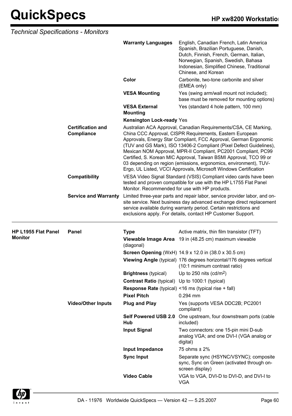 Quickspecs | HP xw8200 User Manual | Page 60 / 76