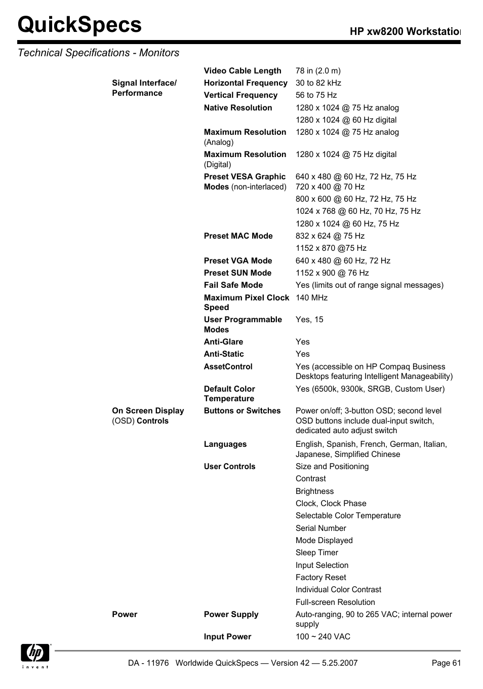 Quickspecs | HP xw8200 User Manual | Page 61 / 76