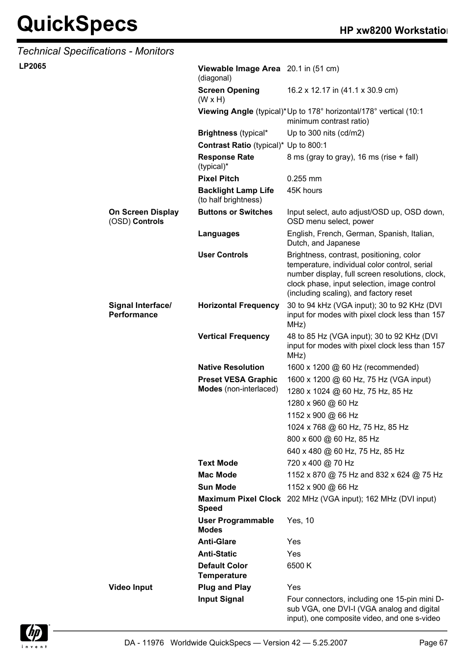 Quickspecs | HP xw8200 User Manual | Page 67 / 76
