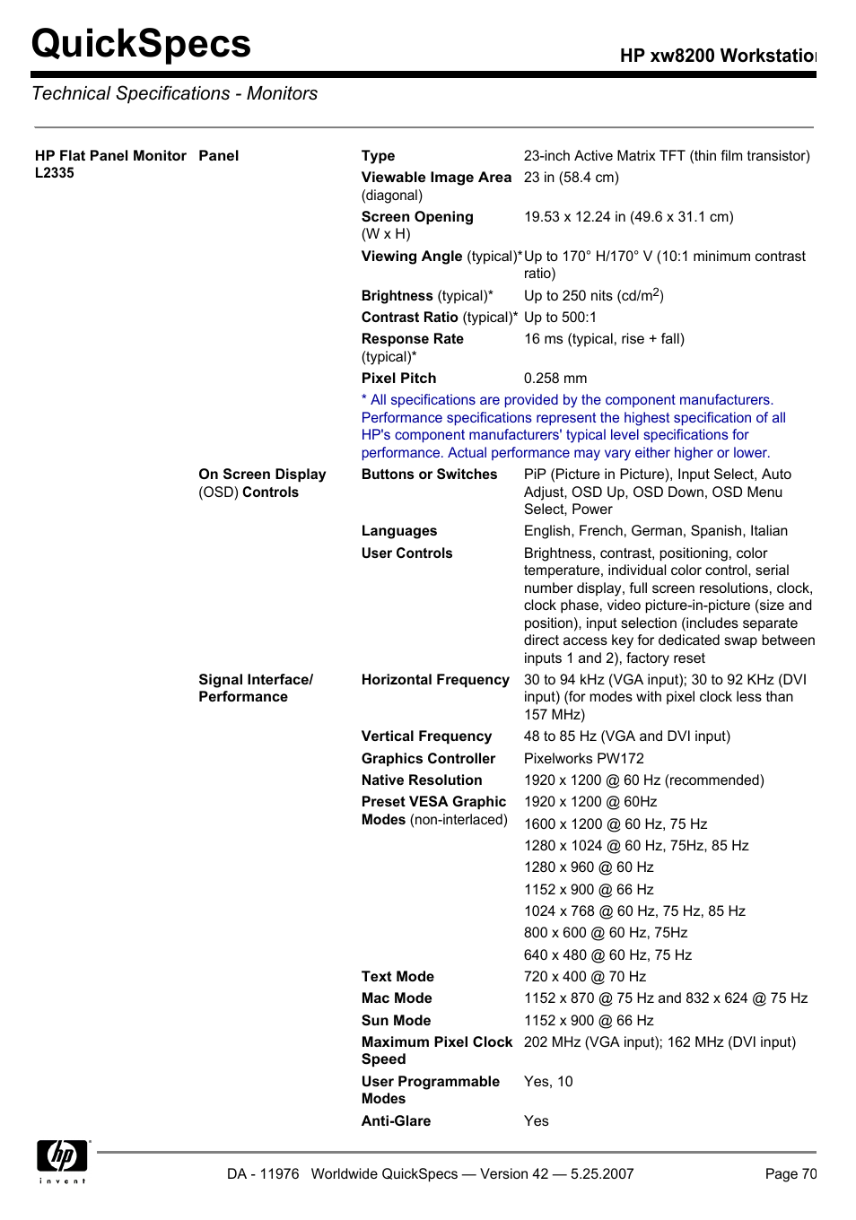 Quickspecs | HP xw8200 User Manual | Page 70 / 76