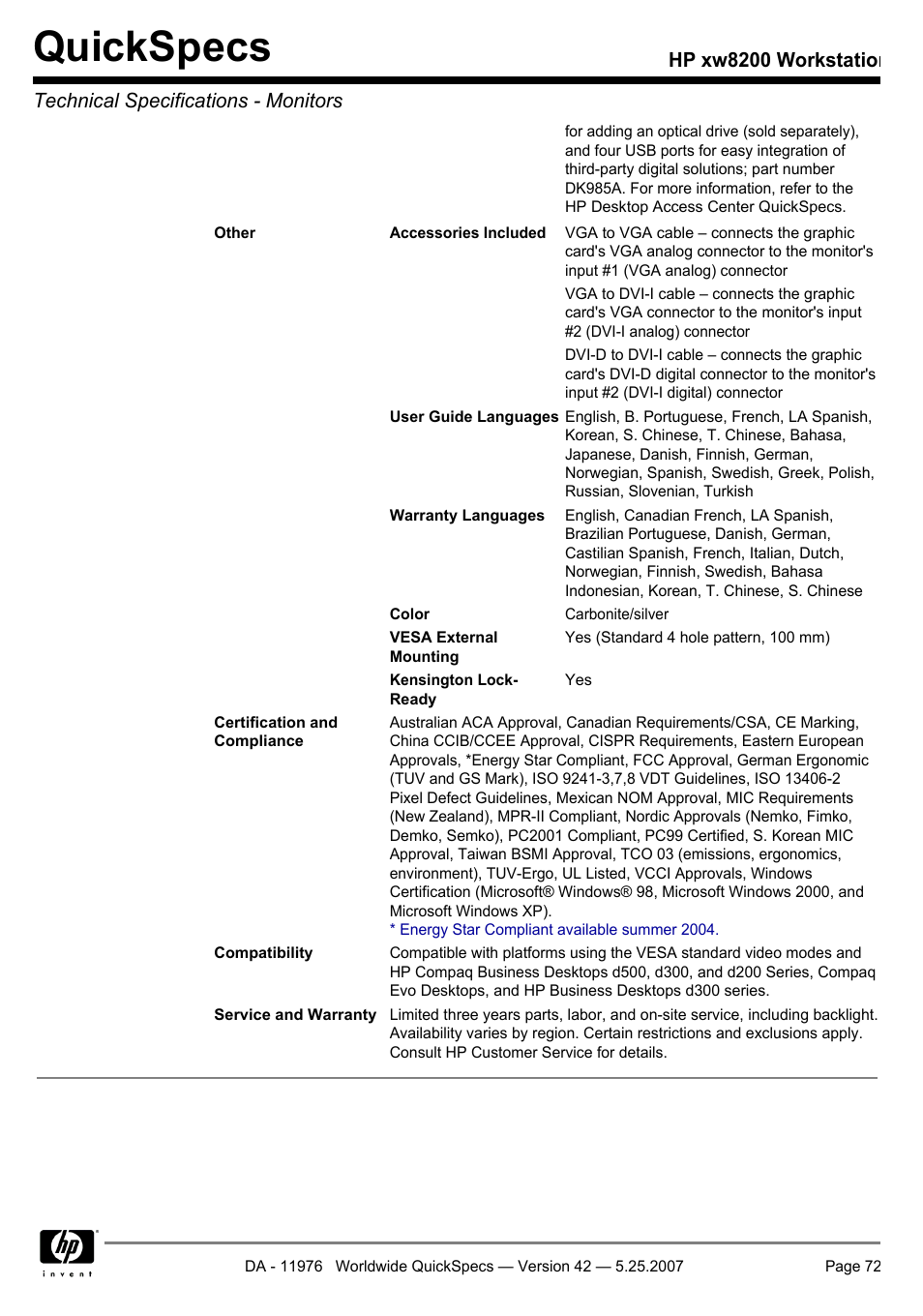 Quickspecs | HP xw8200 User Manual | Page 72 / 76