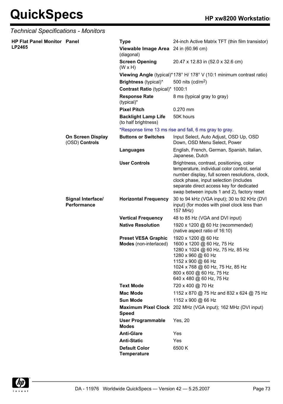 Quickspecs | HP xw8200 User Manual | Page 73 / 76
