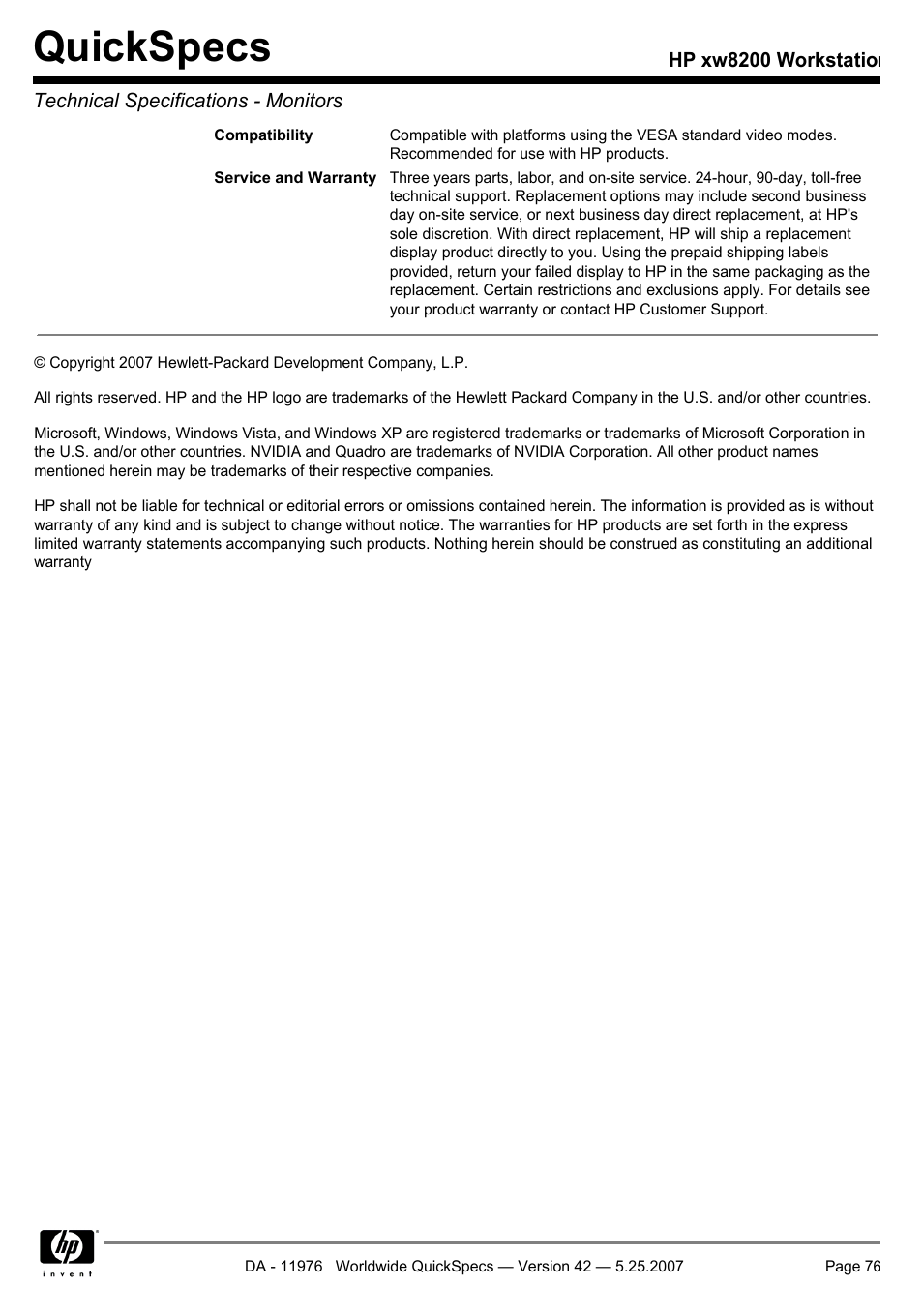 Quickspecs | HP xw8200 User Manual | Page 76 / 76