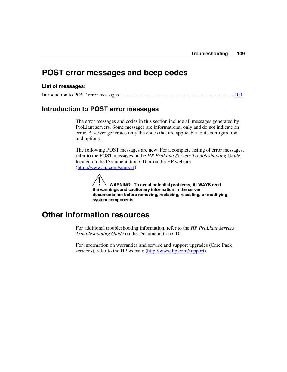 Post error messages and beep codes, Introduction to post error messages, Other information resources | S ("post error messages and beep codes" on | HP SAS DL360 User Manual | Page 109 / 136