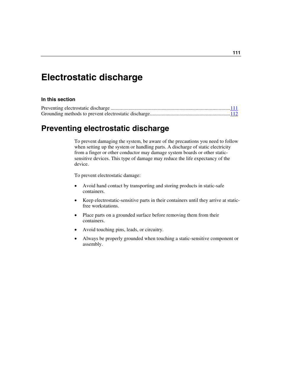 Electrostatic discharge, Preventing electrostatic discharge | HP SAS DL360 User Manual | Page 111 / 136