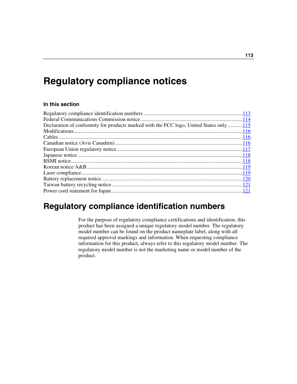 Regulatory compliance notices, Regulatory compliance identification numbers | HP SAS DL360 User Manual | Page 113 / 136