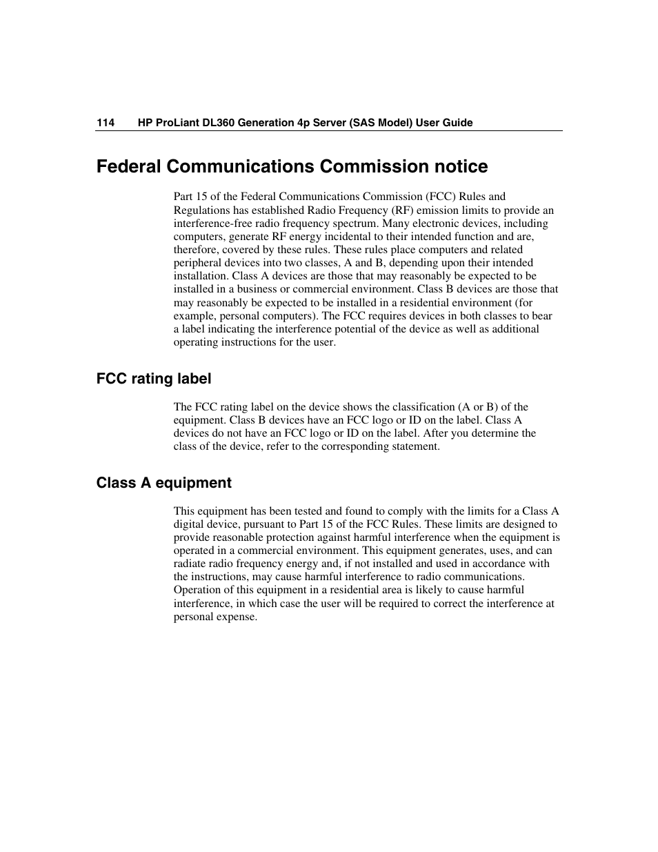 Federal communications commission notice, Fcc rating label, Class a equipment | HP SAS DL360 User Manual | Page 114 / 136