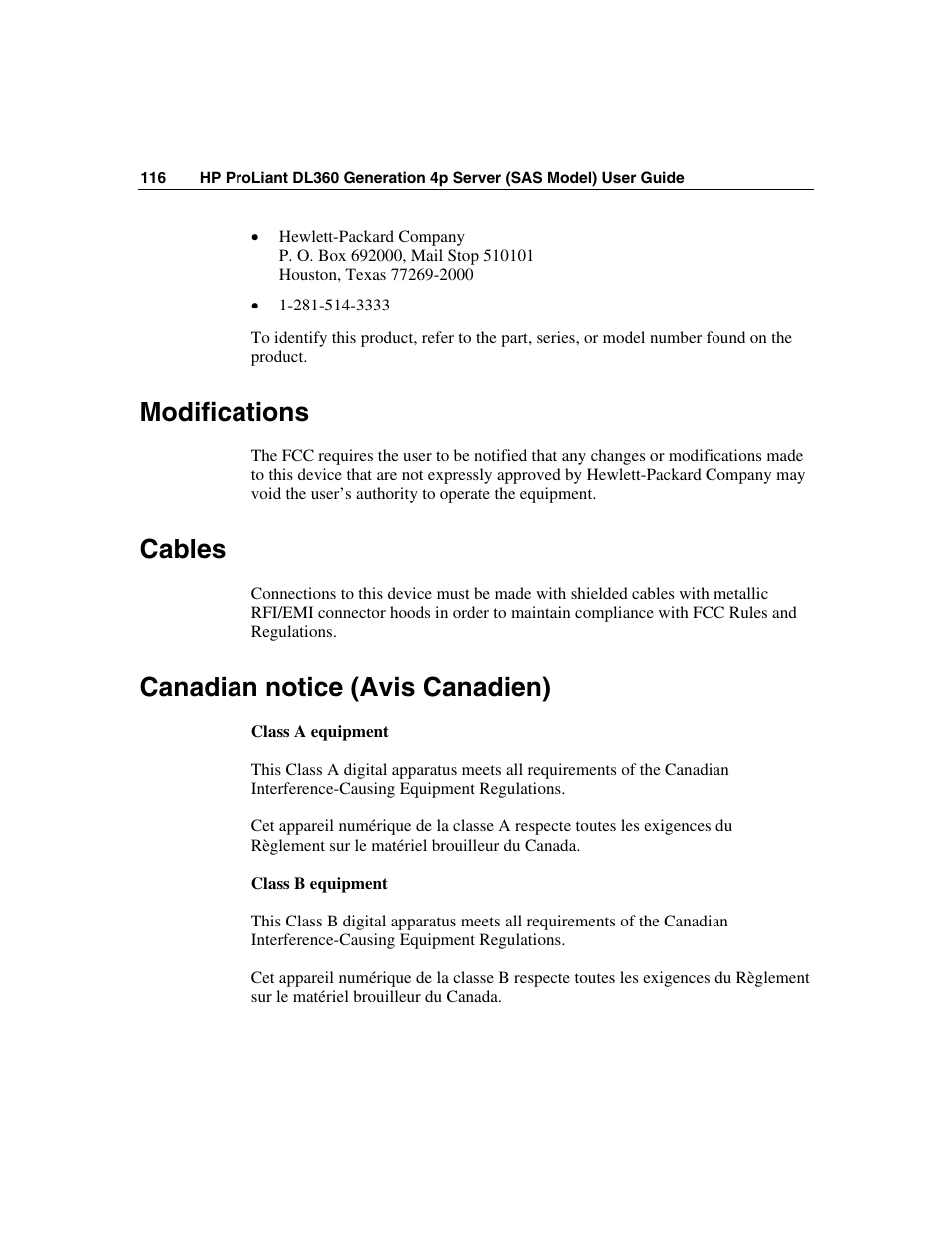 Modifications, Cables, Canadian notice (avis canadien) | HP SAS DL360 User Manual | Page 116 / 136