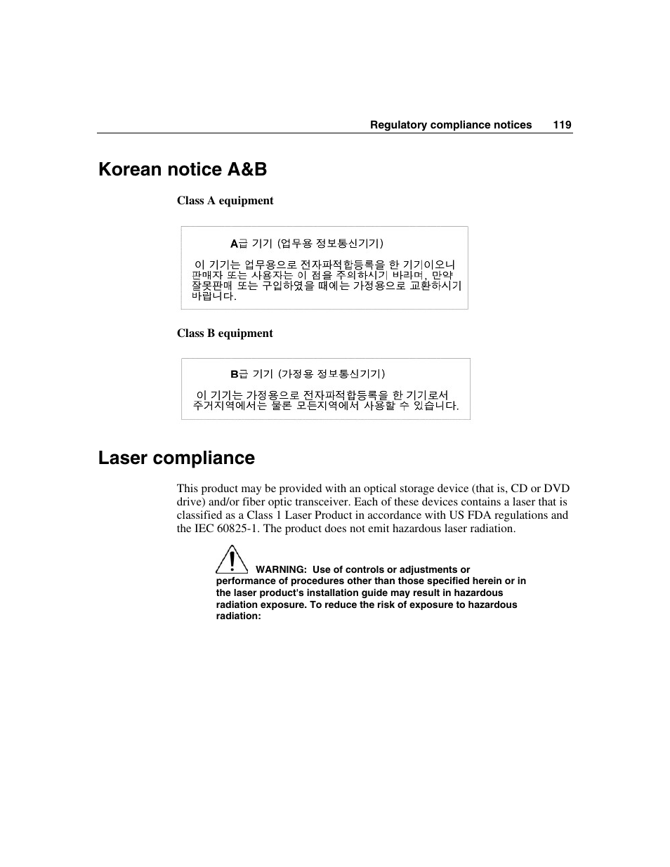 Korean notice a&b, Laser compliance | HP SAS DL360 User Manual | Page 119 / 136