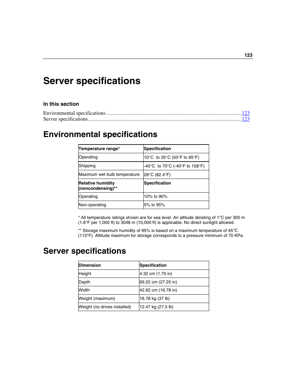 Server specifications, Environmental specifications, Environmental specifications" on | HP SAS DL360 User Manual | Page 123 / 136