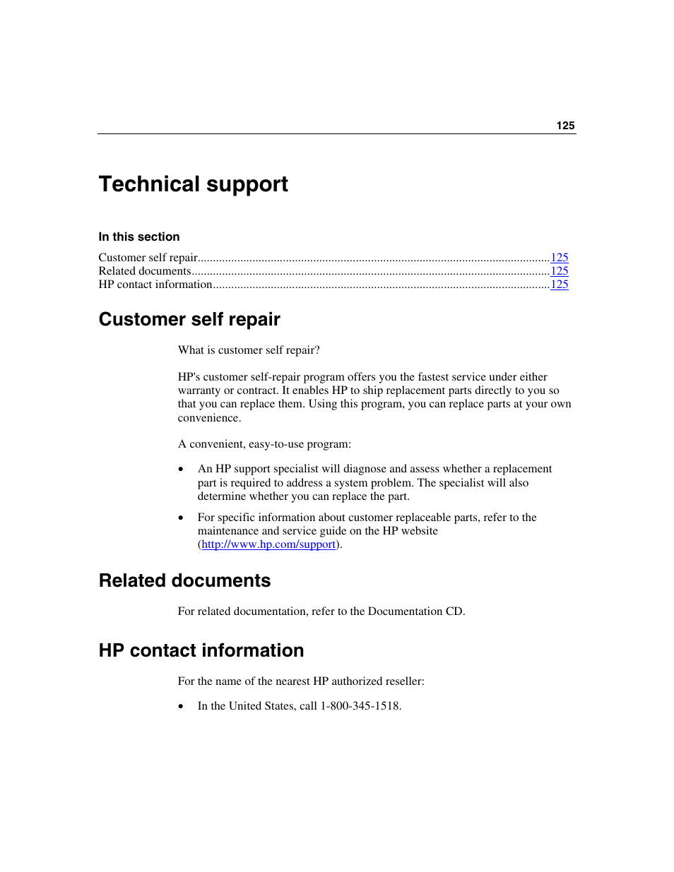 Technical support, Customer self repair, Related documents | Hp contact information | HP SAS DL360 User Manual | Page 125 / 136