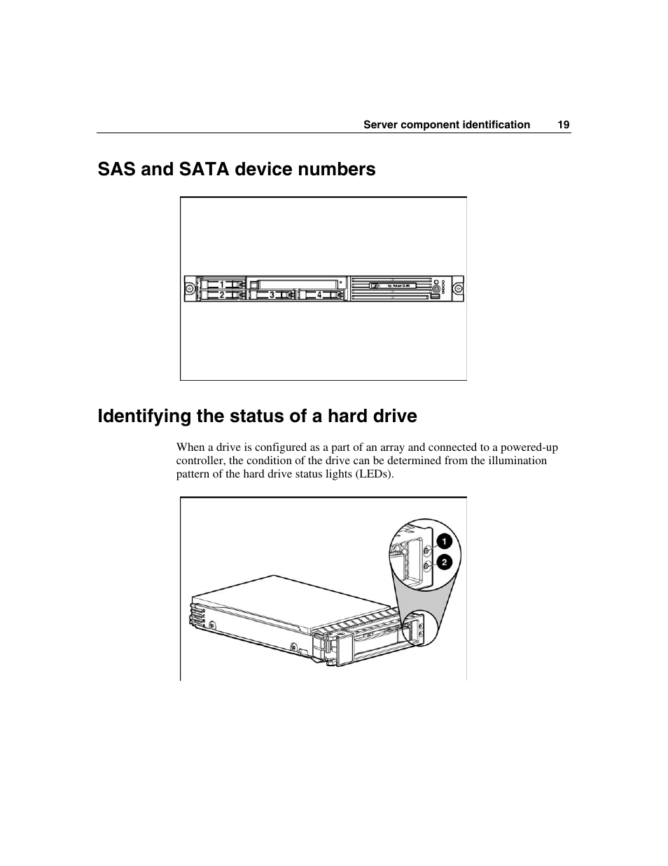 Sas and sata device numbers, Identifying the status of a hard drive | HP SAS DL360 User Manual | Page 19 / 136