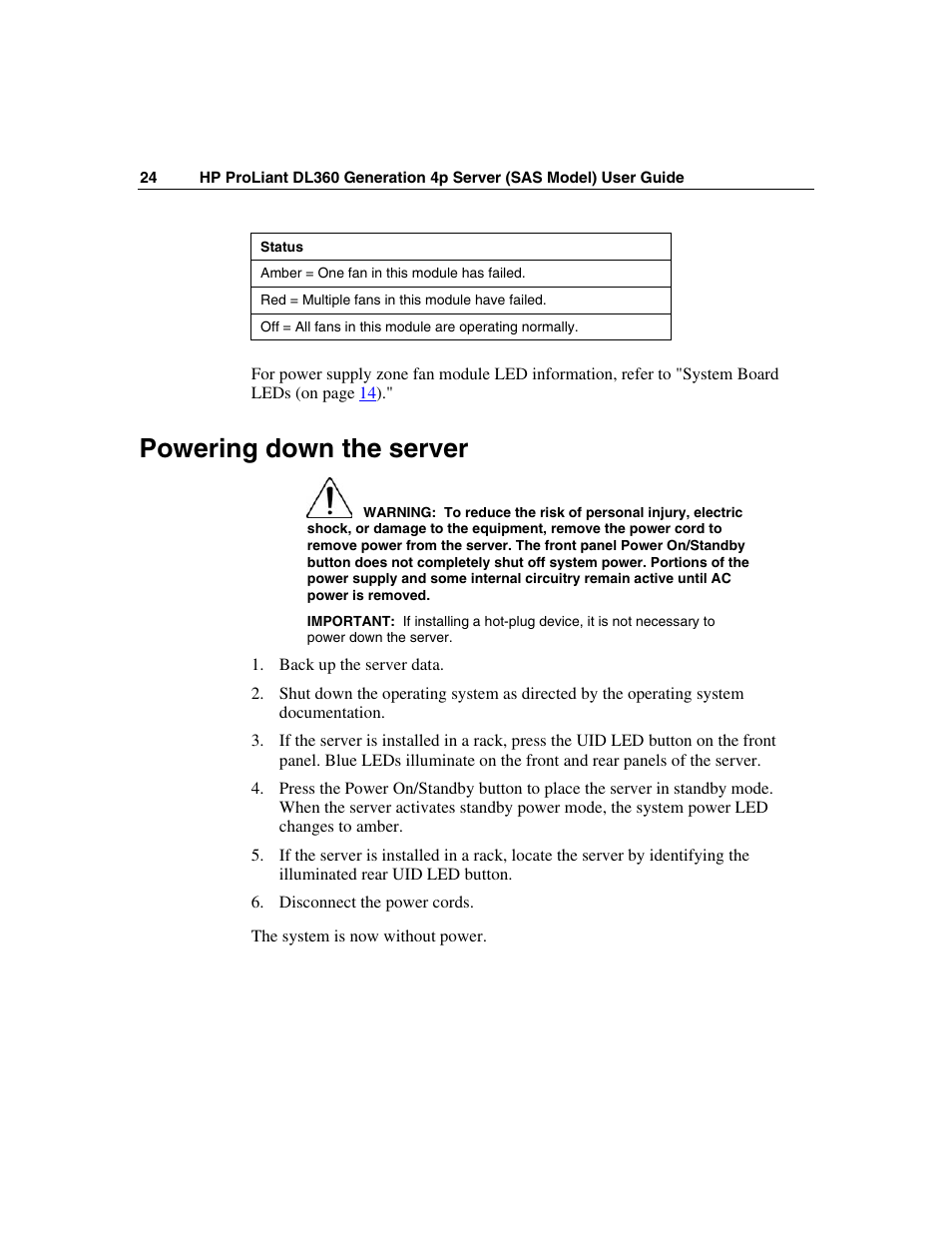 Powering down the server | HP SAS DL360 User Manual | Page 24 / 136