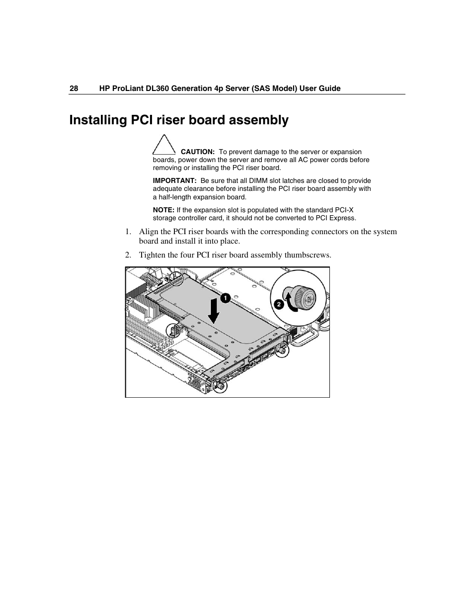 Installing pci riser board assembly | HP SAS DL360 User Manual | Page 28 / 136