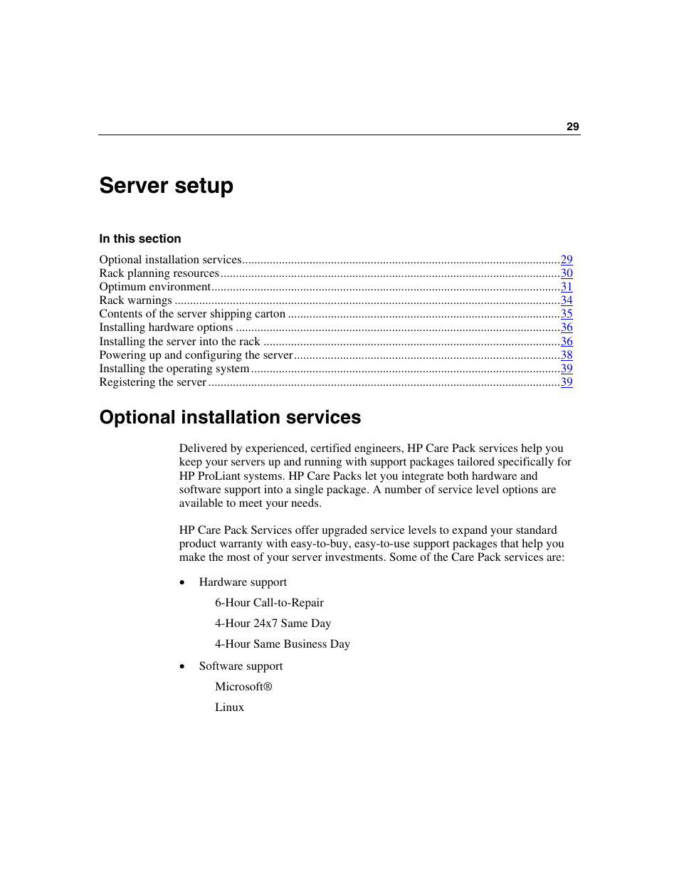 Server setup, Optional installation services | HP SAS DL360 User Manual | Page 29 / 136