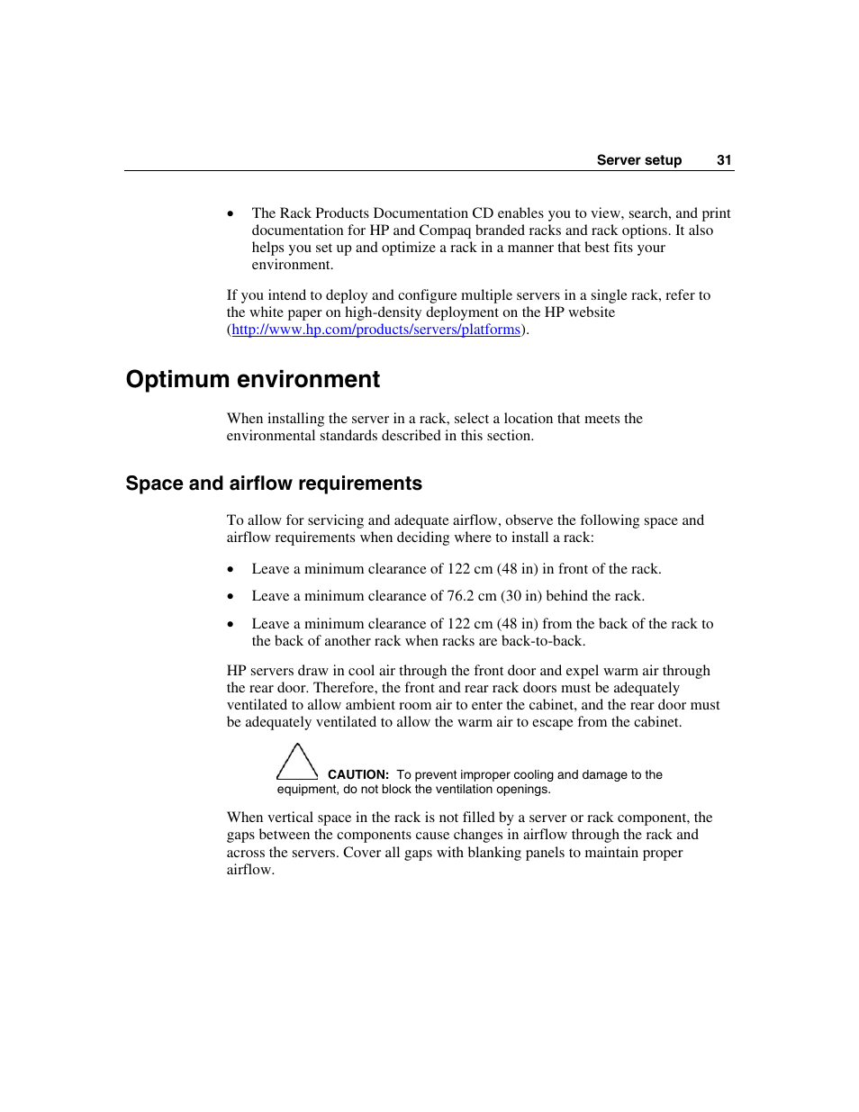 Optimum environment, Space and airflow requirements | HP SAS DL360 User Manual | Page 31 / 136