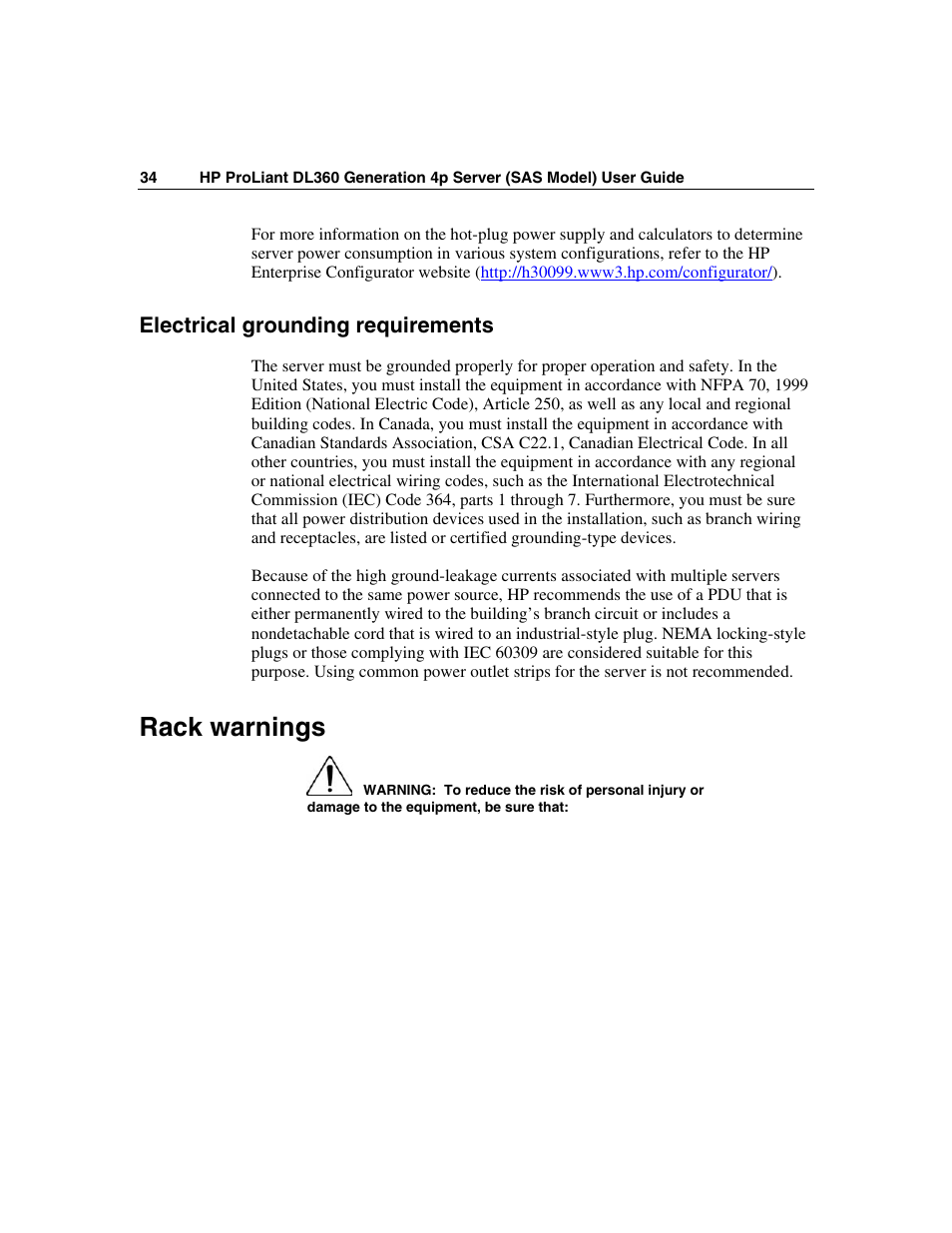 Electrical grounding requirements, Rack warnings | HP SAS DL360 User Manual | Page 34 / 136