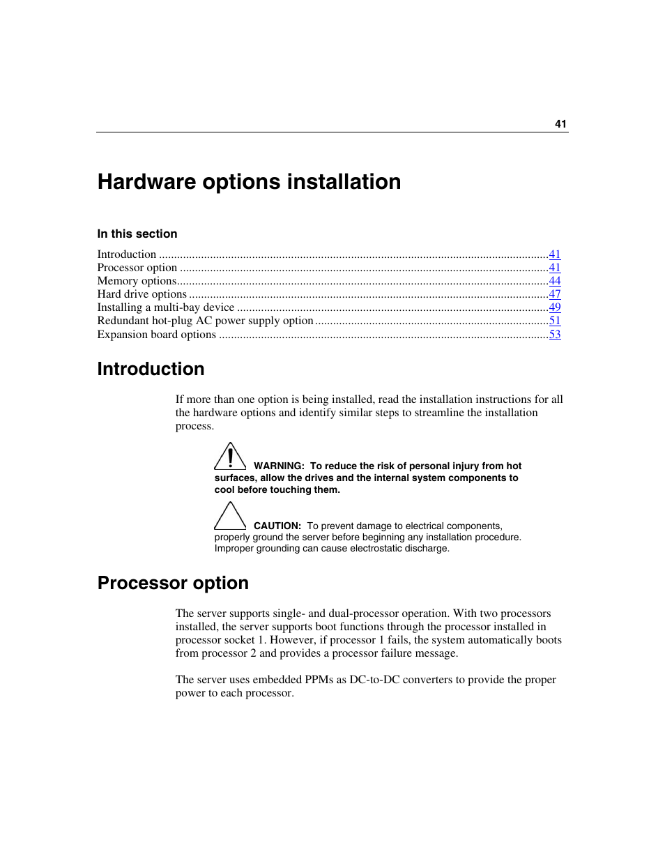 Hardware options installation, Introduction, Processor option | HP SAS DL360 User Manual | Page 41 / 136