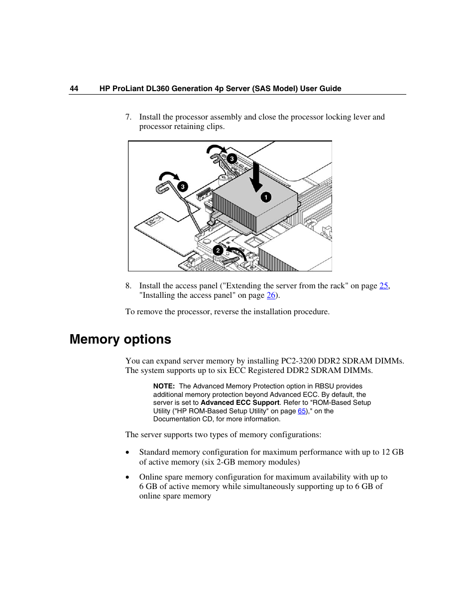 Memory options | HP SAS DL360 User Manual | Page 44 / 136