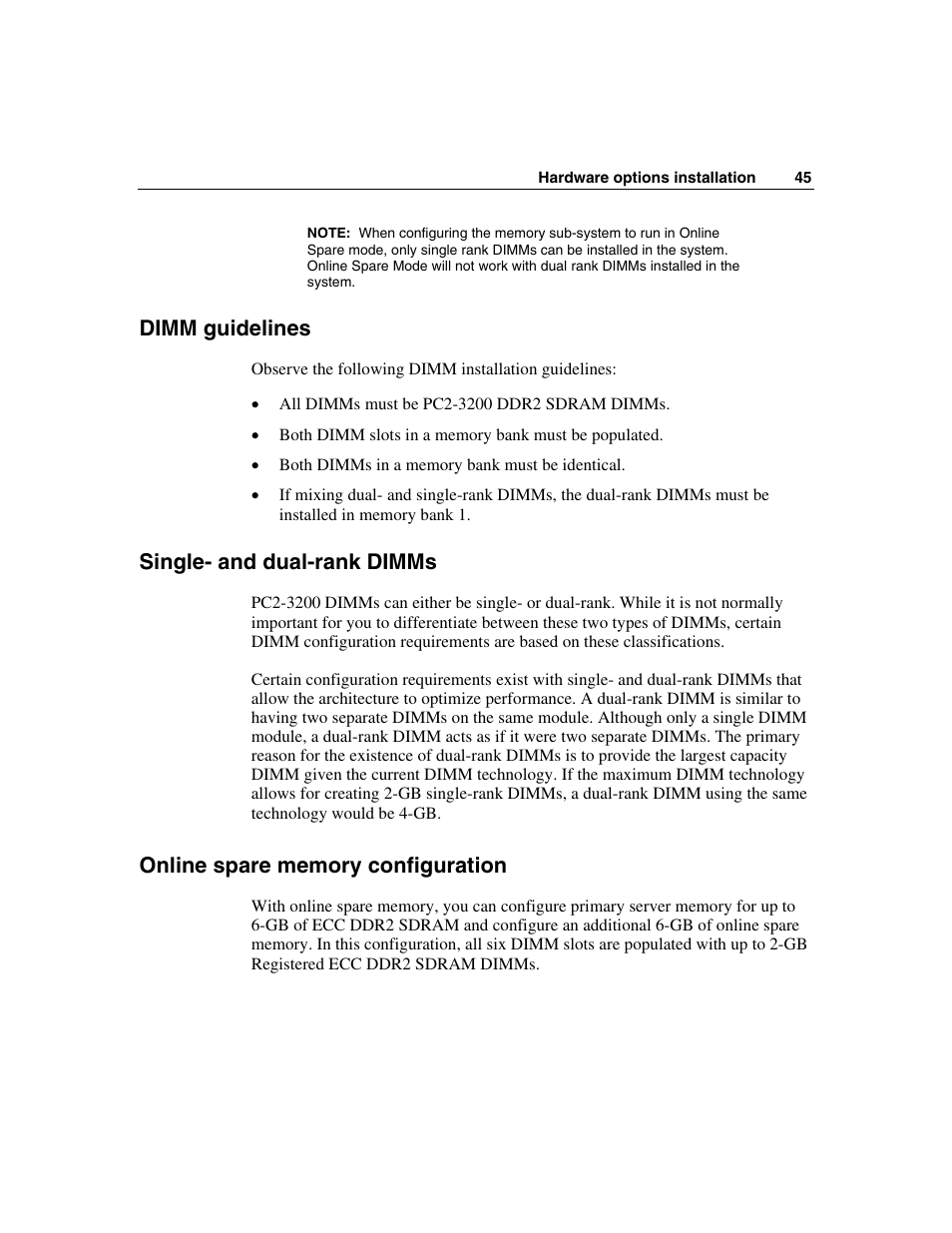 Dimm guidelines, Single- and dual-rank dimms, Online spare memory configuration | HP SAS DL360 User Manual | Page 45 / 136