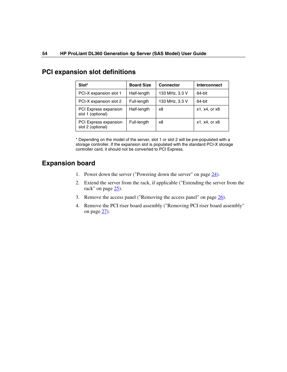 Pci expansion slot definitions, Expansion board | HP SAS DL360 User Manual | Page 54 / 136