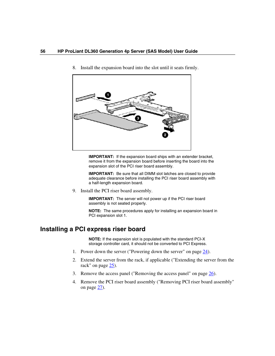 Installing a pci express riser board | HP SAS DL360 User Manual | Page 56 / 136