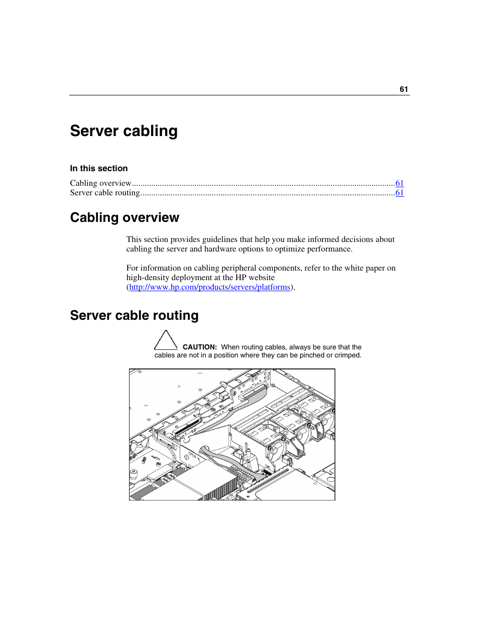 Server cabling, Cabling overview, Server cable routing | HP SAS DL360 User Manual | Page 61 / 136