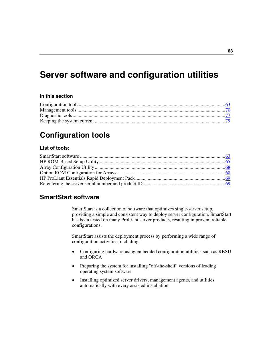 Server software and configuration utilities, Configuration tools, Smartstart software | HP SAS DL360 User Manual | Page 63 / 136