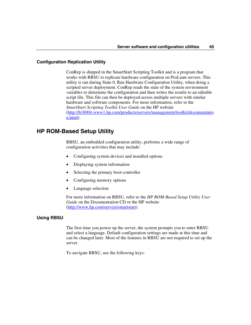 Configuration replication utility, Hp rom-based setup utility, Using rbsu | Utility ("hp rom-based setup utility" on p | HP SAS DL360 User Manual | Page 65 / 136