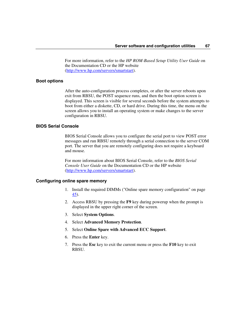 Boot options, Bios serial console, Configuring online spare memory | Feature ("configuring online spare memory" o | HP SAS DL360 User Manual | Page 67 / 136