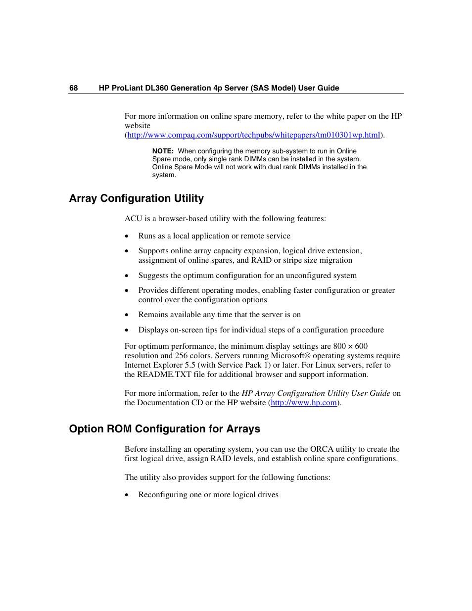 Array configuration utility, Option rom configuration for arrays, Array | HP SAS DL360 User Manual | Page 68 / 136