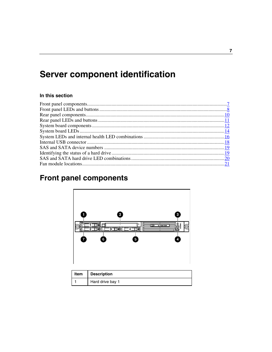 Server component identification, Front panel components | HP SAS DL360 User Manual | Page 7 / 136