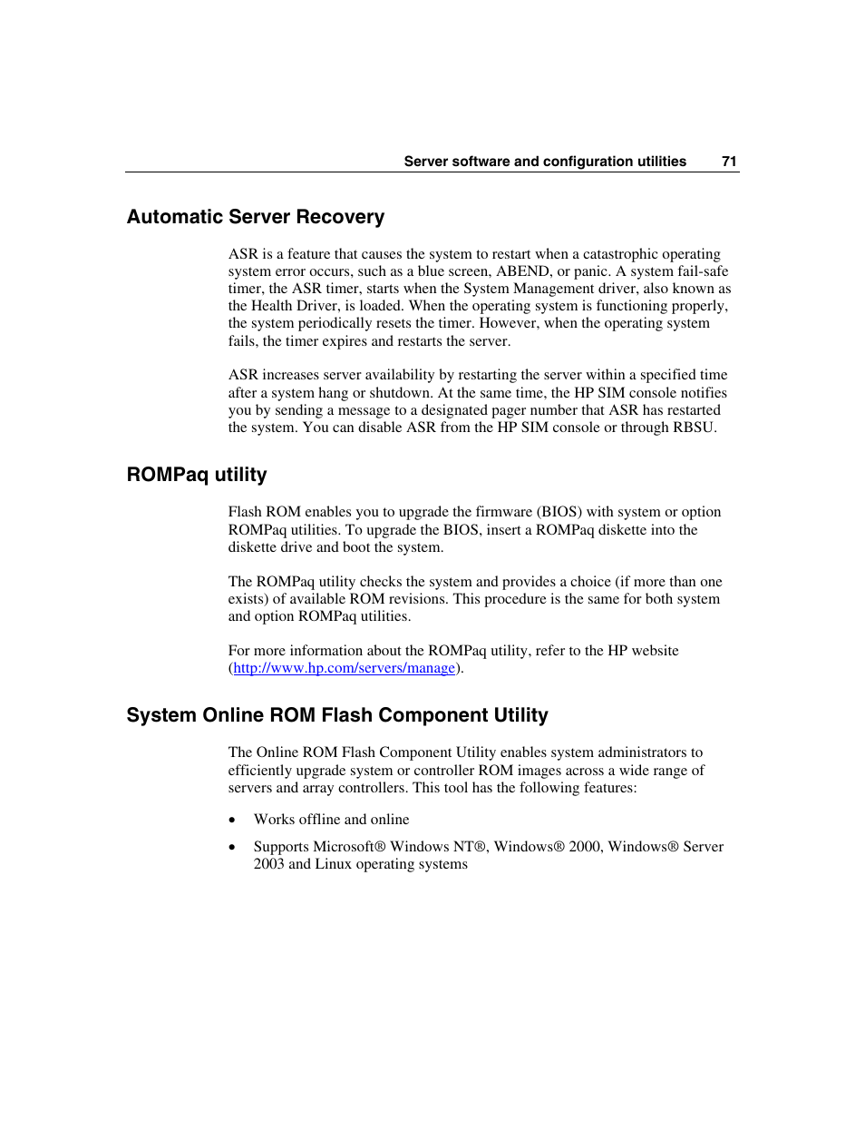 Automatic server recovery, Rompaq utility, System online rom flash component utility | HP SAS DL360 User Manual | Page 71 / 136