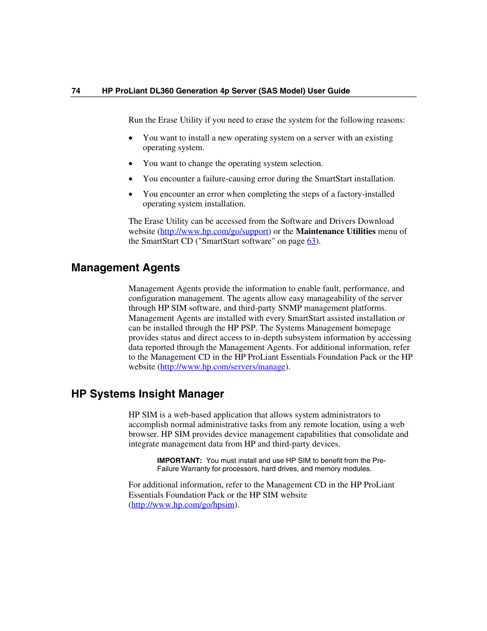 Management agents, Hp systems insight manager | HP SAS DL360 User Manual | Page 74 / 136