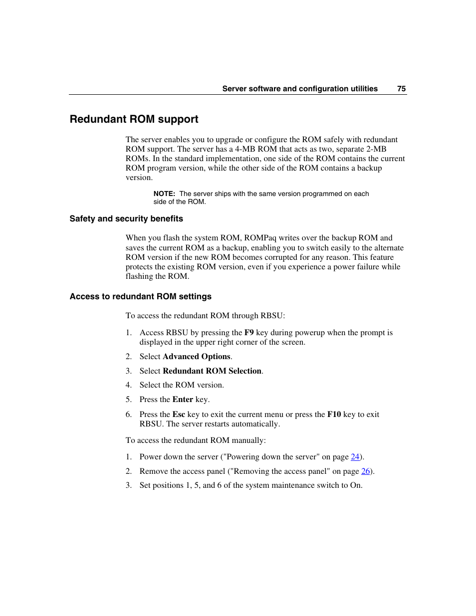 Redundant rom support, Safety and security benefits, Access to redundant rom settings | HP SAS DL360 User Manual | Page 75 / 136