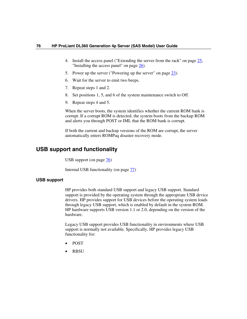 Usb support and functionality, Usb support | HP SAS DL360 User Manual | Page 76 / 136