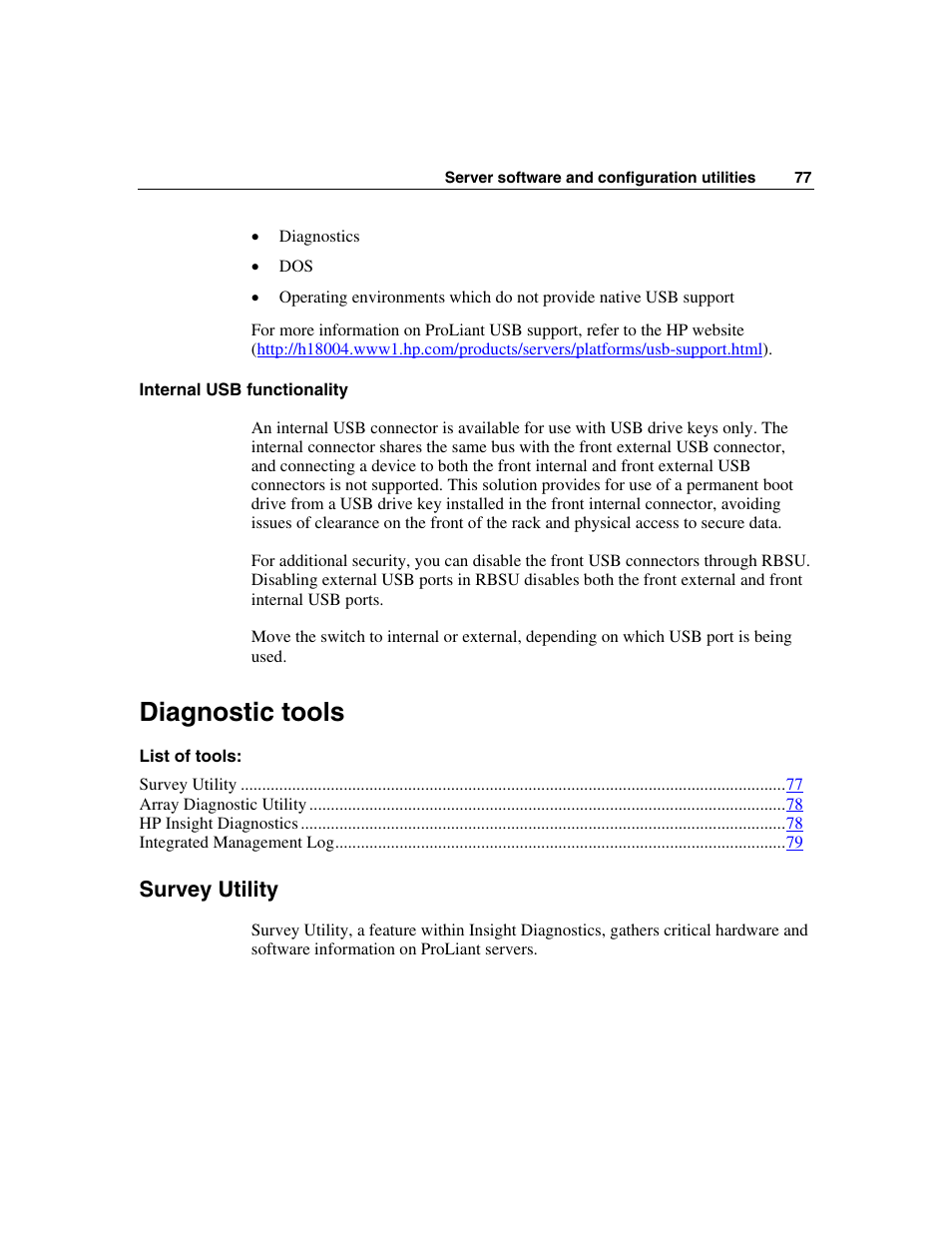 Internal usb functionality, Diagnostic tools, Survey utility | HP SAS DL360 User Manual | Page 77 / 136