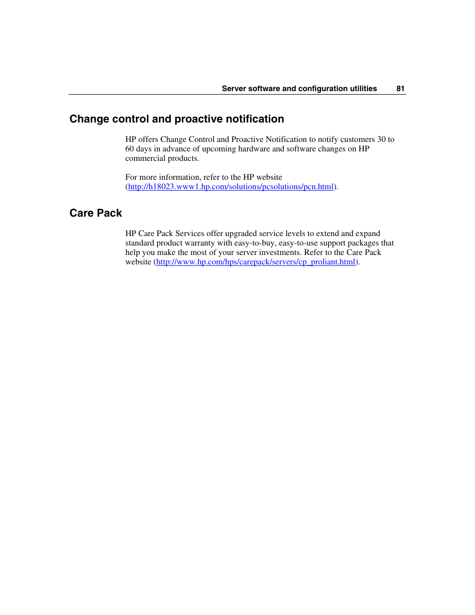 Change control and proactive notification, Care pack | HP SAS DL360 User Manual | Page 81 / 136