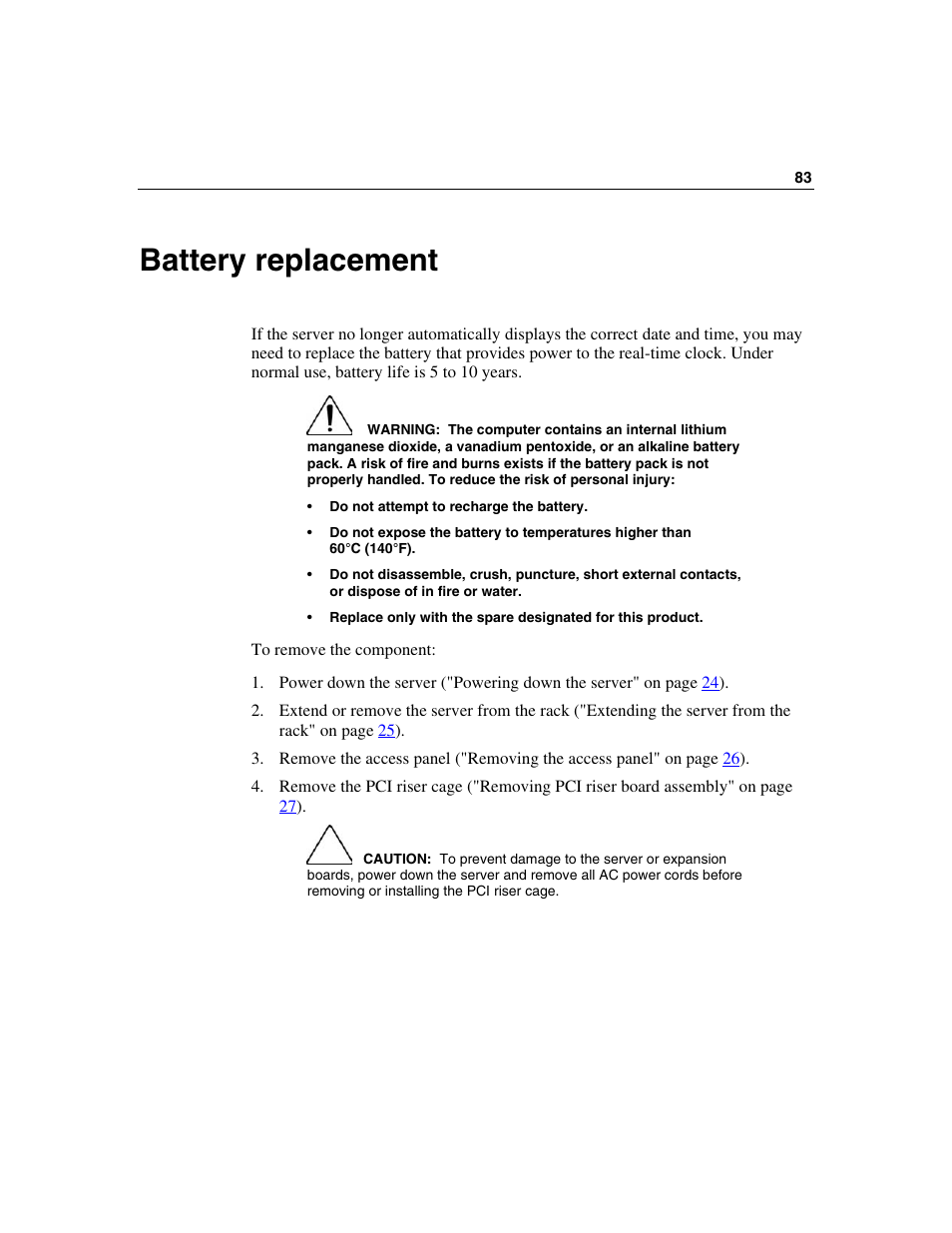Battery replacement | HP SAS DL360 User Manual | Page 83 / 136
