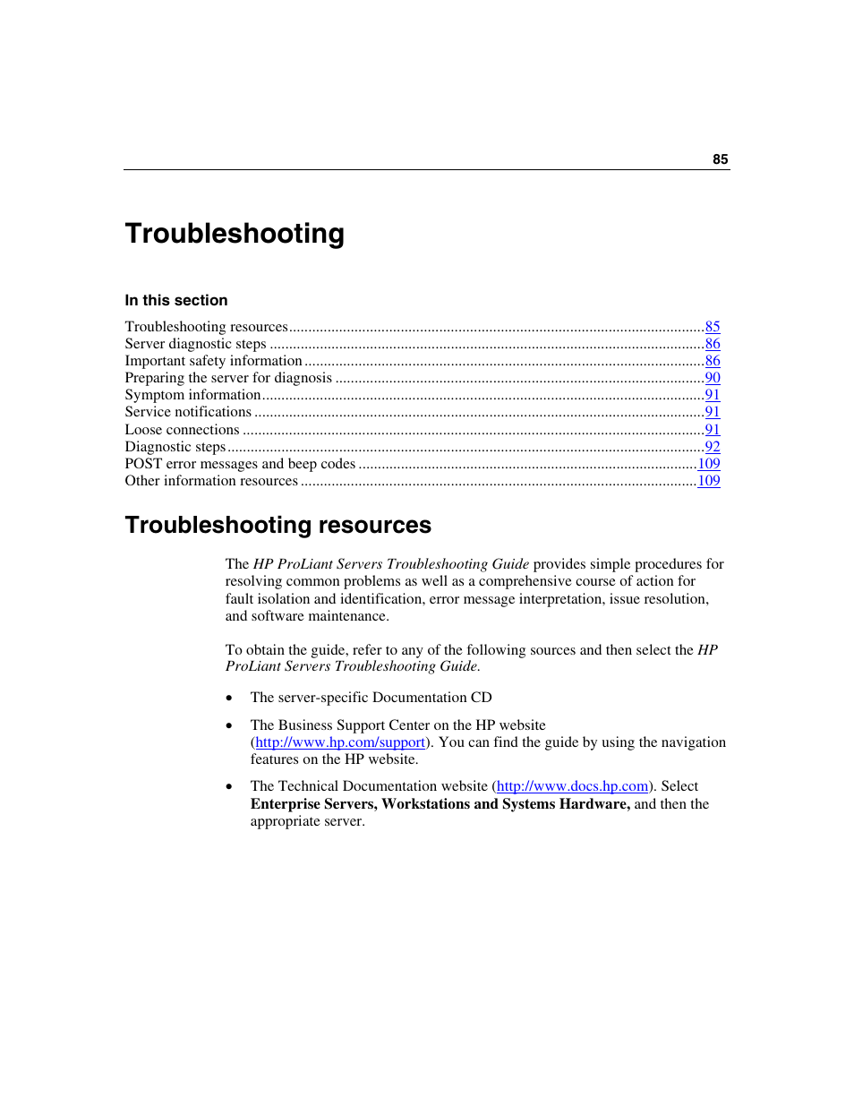 Troubleshooting, Troubleshooting resources, Troubleshooting 85 | HP SAS DL360 User Manual | Page 85 / 136
