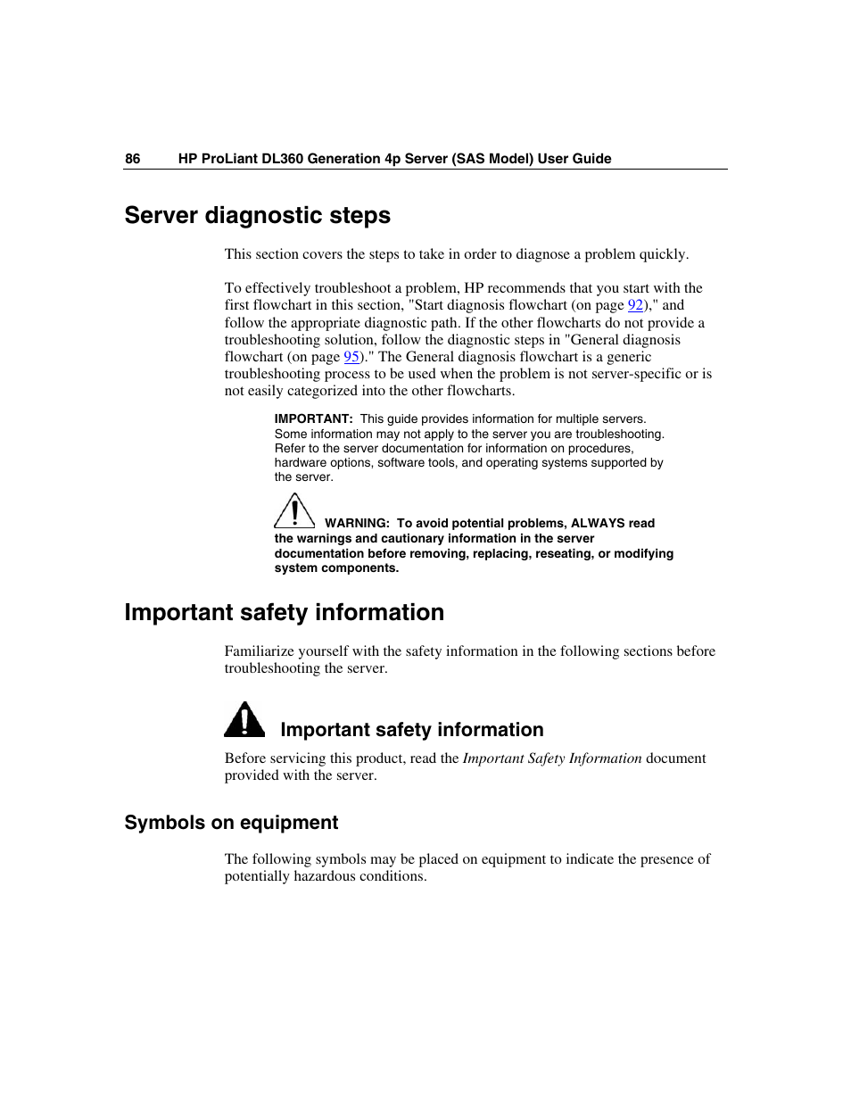 Server diagnostic steps, Important safety information, Symbols on equipment | HP SAS DL360 User Manual | Page 86 / 136